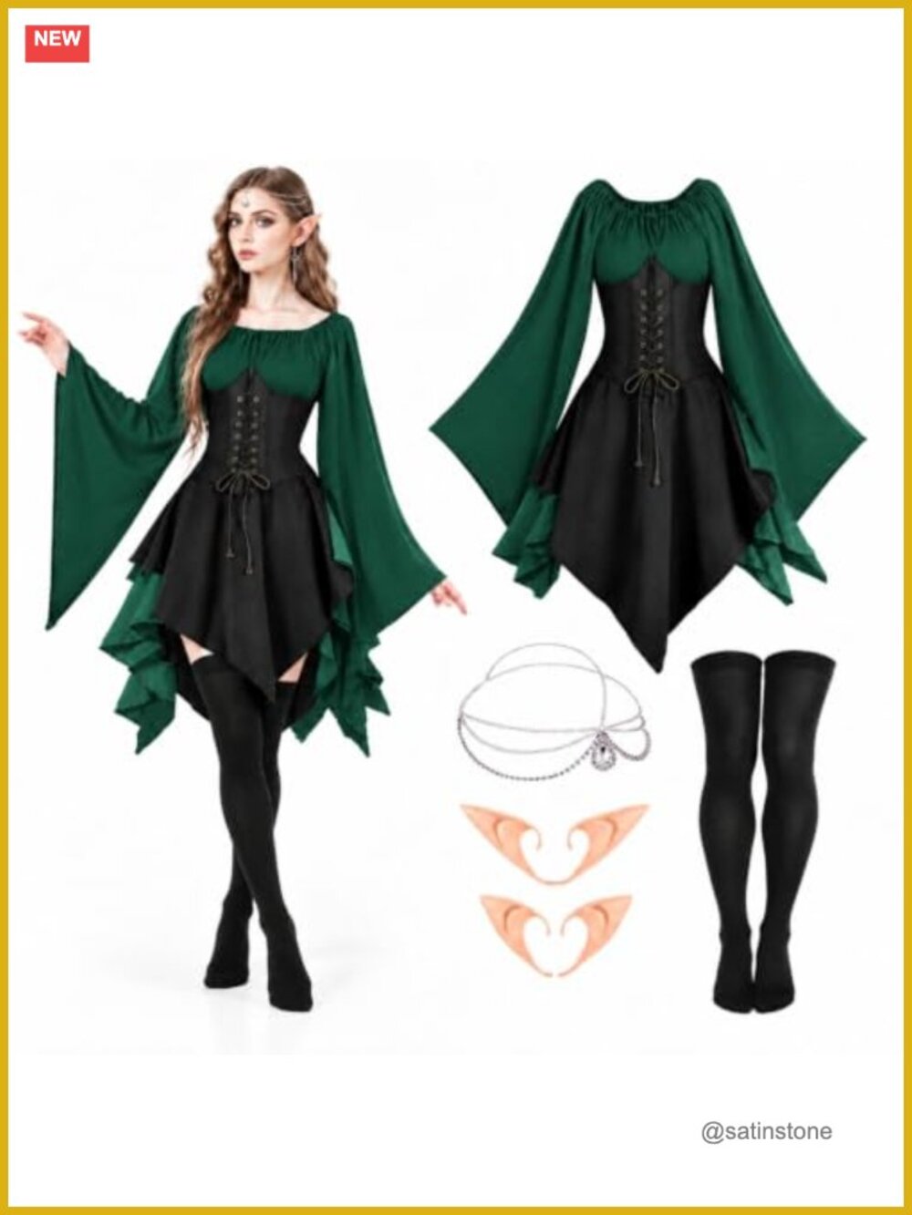 Medieval Renaissance Fairy Costume Set Dress Crown Elf Ears Stockings